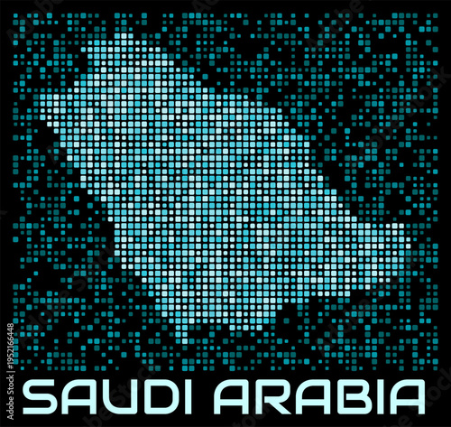 Saudi Arabia digital dotted map. Shape of the country in cyan color palette on dark background. Futuristic Saudi Arabia map design. Vector illustration.