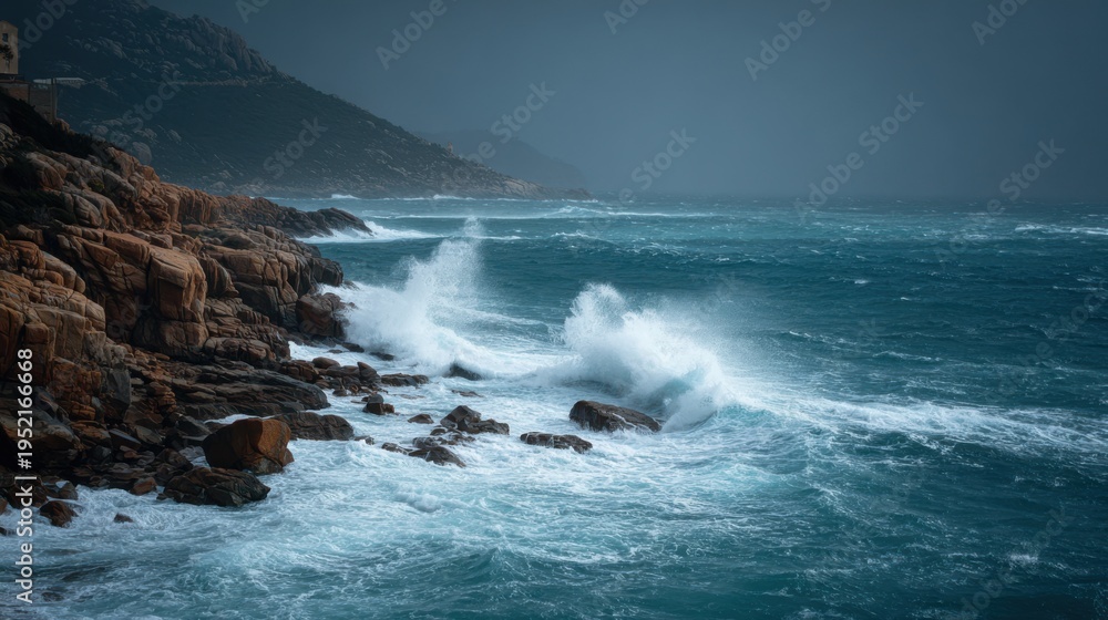 Obraz premium Crashing ocean waves against rugged rocky coastline under stormy skies image