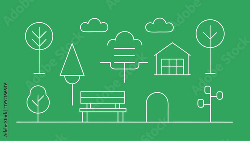A series of white outline icons representing park elements such as various tree types and a wooden bench arranged on a green background.