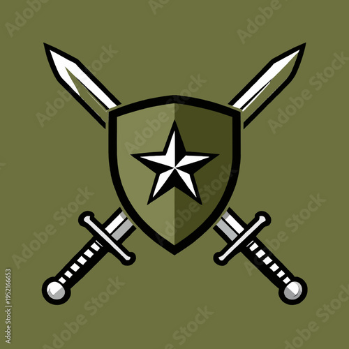 Military Shield Emblem with Crossed Swords and Star Icon Illustration.