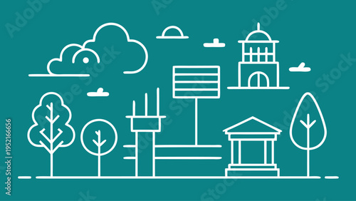 Multiple white outline icons including a gazebo and a domed building are displayed in a horizontal arrangement on a dark teal background.