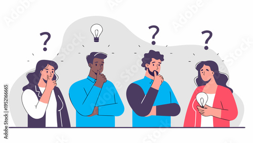 A group of four diverse people stands together in a thinking pose with question marks and light bulb icons hovering above them.