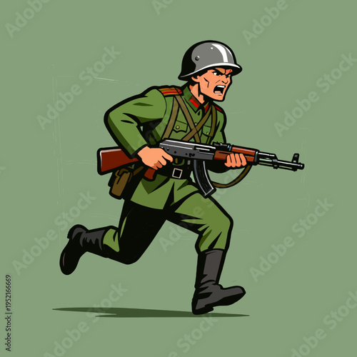 Soviet Soldier Illustration Running with Assault Rifle and Hammer and Sickle Flag Background.