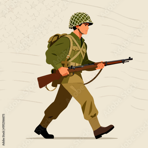 Soviet Soldier Illustration Running with Assault Rifle and Hammer and Sickle Flag Background