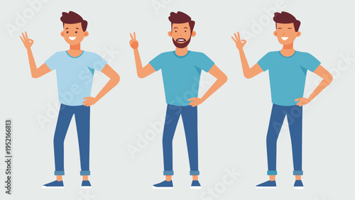A set of three men wearing blue t-shirts and jeans are depicted making different hand gestures including the peace and okay signs.