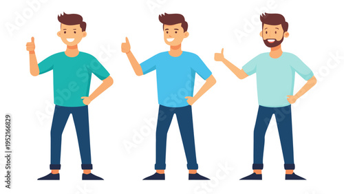 Three male cartoon characters with brown hair and tan skin wear blue shirts and navy pants while giving a thumbs up gesture against a white background.