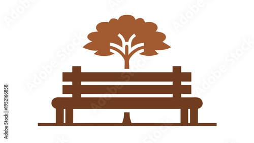A monochromatic brown illustration shows a stylized wooden bench positioned directly beneath a brown tree icon with white branch accents on a brown base line.