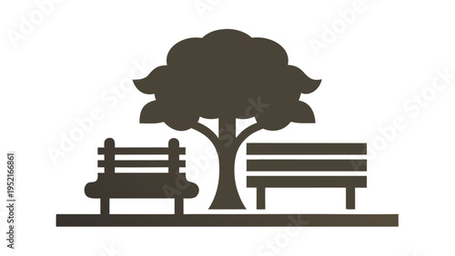 A dark brown silhouette illustration features a central leafy tree flanked by two different styles of wooden park benches on a flat horizontal ground line.