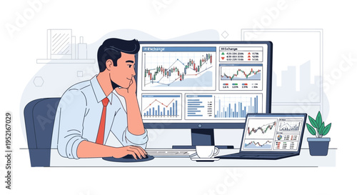 Analyst examining financial charts on desktop monitor and laptop at desk