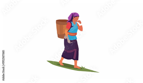 Chakma girl carrying basket hill work vector illustration cultural