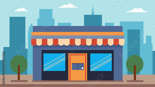 A dark blue storefront building with a red striped awning and orange door stands between two round green trees against a light blue city skyline background.