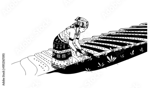 Chakma girl working on hill farmland vector illustration ethnic lifestyle