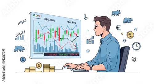 Analyst examining stock market data on computer screen vector illustration