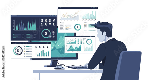 Analyst working with financial data on multiple computer screens