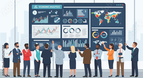 Business team analyzing economic data on a large interactive screen