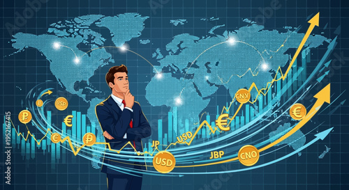 Businessman analyzes financial data with rising stock market chart illustration