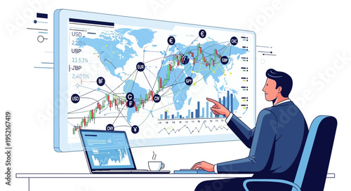 Businessman analyzes global financial data on a large screen with charts