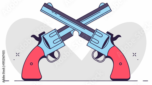Two vintage revolvers with light blue barrels and red grips are crossed in a symmetrical arrangement over a light gray shape on a white background.