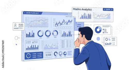 Businessman analyzing data charts and graphs on a digital interface