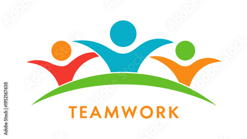 Three human silhouettes in red blue and orange colors with open arms standing on a green arc above the word teamwork in orange letters.