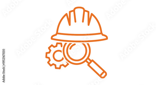 Orange hard hat with magnifying glass.