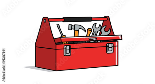 Red Metal Toolbox with Tools Inside.