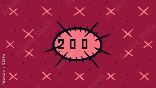 Pink oval with black number two hundred surrounded by sharp black spikes on a dark maroon background with scattered pink cross symbols.