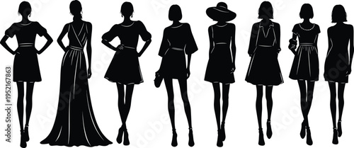 Fashion women silhouettes collection, elegant female models in stylish dresses poses vector set, runway outfit illustration, black chic ladies figures isolated on white background