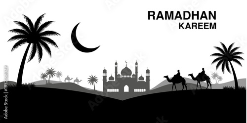 Ramadan Kareem scene with mosque, camel, palm trees, crescent moon and rider in desert landscape