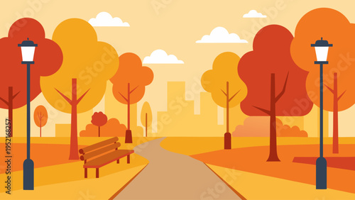 A winding grey path curves through an autumn city park featuring colorful trees a single wooden bench and two black street lamp posts.