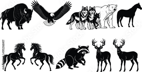 Wild Animal Silhouette Vector Set Featuring Bison Eagle Wolf Bear Horse Raccoon And Deer For Forest Wildlife Mascot Logo Graphic Design