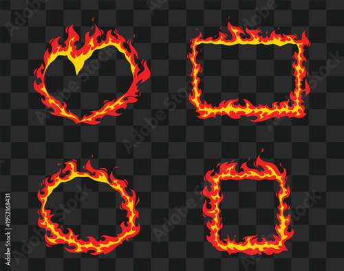 Set of fiery frame border vector, burning flame design, hot orange blazing edge, transparent background.