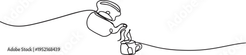 Hot Tea Teapot One Line Art Vector – Minimal Continuous Line Drawing of Teapot and Cup, Cozy Drink Illustration Artwork