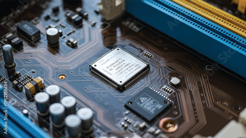 Motherboard Close-up with Golden Circuit Pathways