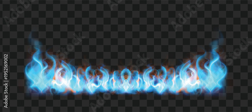 Realistic blue fire flames and smoke effect on black background. Vector illustration.