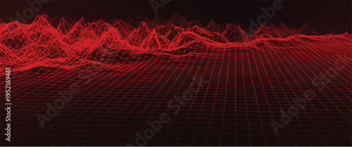 Red Digital Landscape with Wireframe Grid and Mountain Peaks abstract