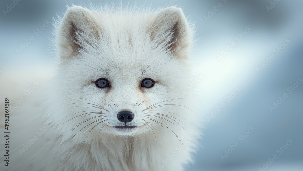 Naklejka premium Arctic fox portrait with soft white fur and blue eyes in snowy landscape
