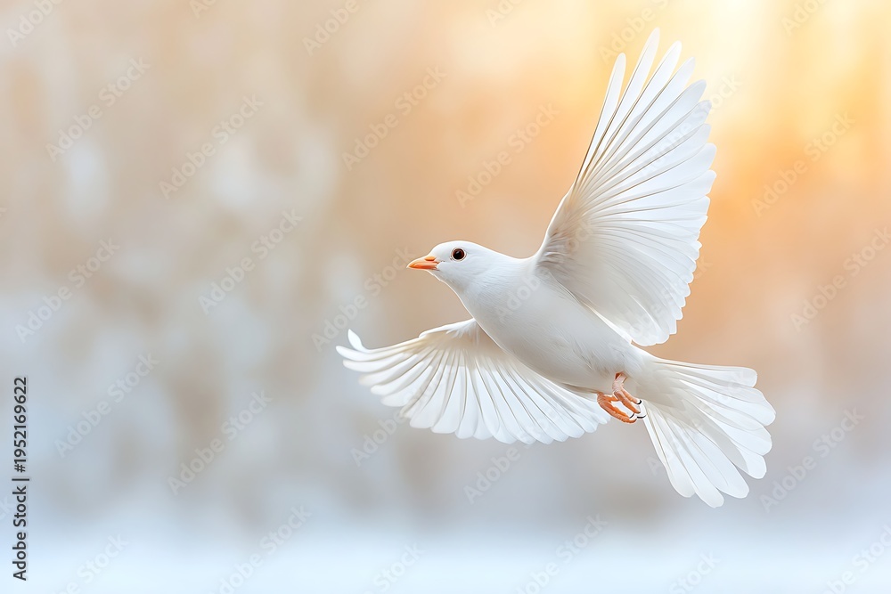 Fototapeta premium White Bird in Flight with Outstretched Wings Against a Soft, Glowing Background