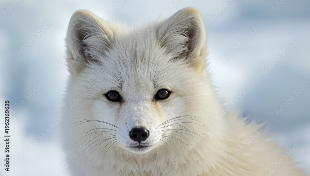 Naklejka premium Arctic fox close up portrait with soft white fur and calm expression in snow