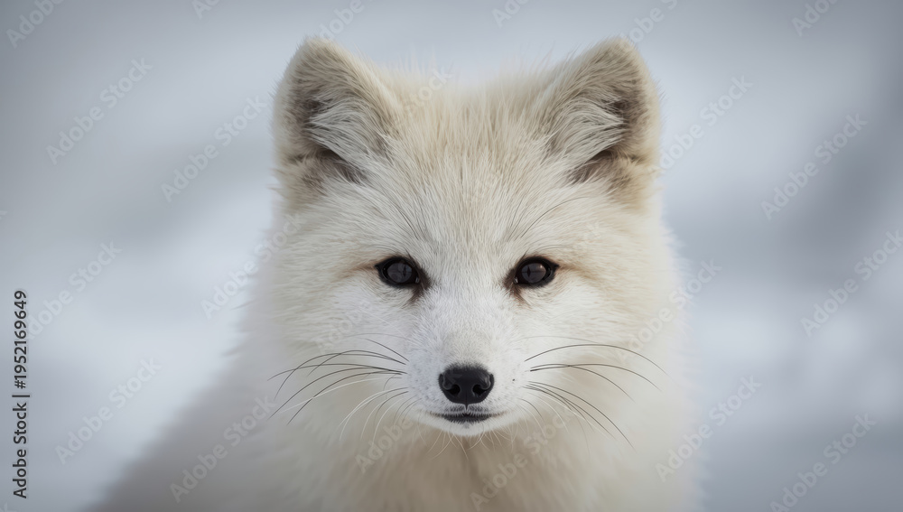 Fototapeta premium Arctic fox portrait with white winter fur and curious expression