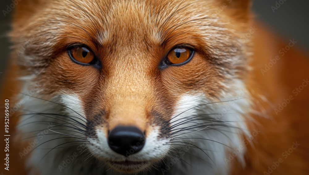 Obraz premium Closeup red fox portrait with intense amber eyes and detailed fur texture