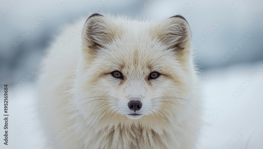 Fototapeta premium Arctic fox portrait with soft white fur and calm gaze in snowy landscape