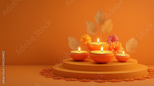 Diwali celebrations diwali diya decorations and podium in the orange background
