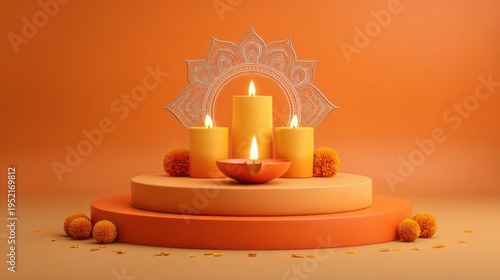 Diwali celebrations diwali diya decorations and podium in the orange background
