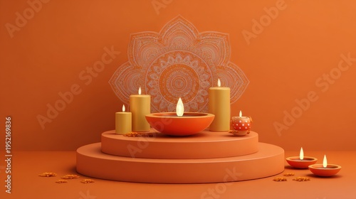 Diwali celebrations diwali diya decorations and podium in the orange background
