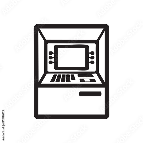 A simple black and white vector icon illustration showing an automated teller machine or ATM