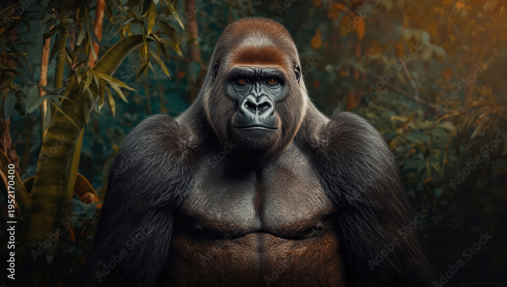Obraz premium Majestic adult gorilla portrait in tropical forest with golden light