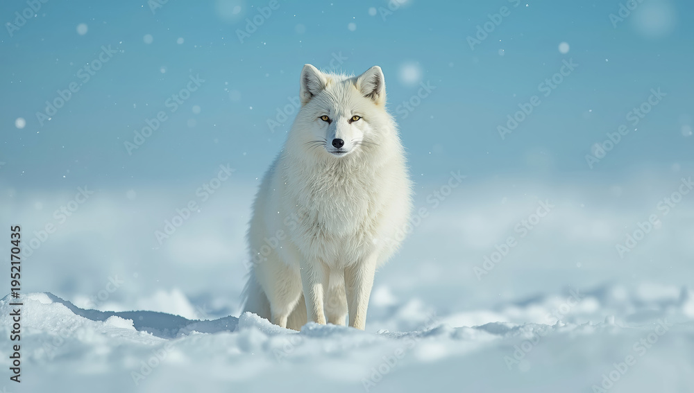 Obraz premium Majestic arctic fox standing on snowy landscape with soft snowfall and cool blue sky