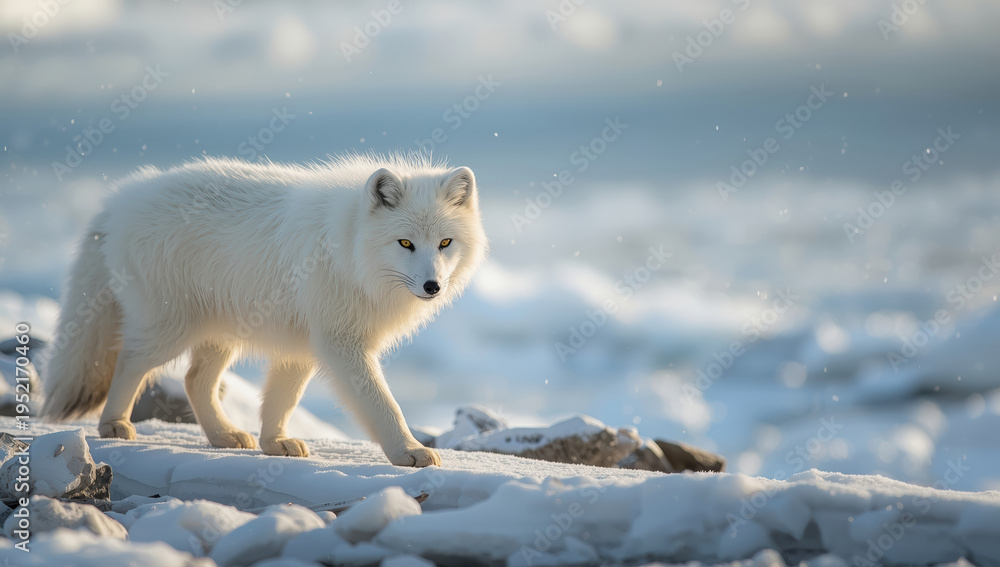 Fototapeta premium Arctic fox walking on snowy coast with soft backlight and falling snow