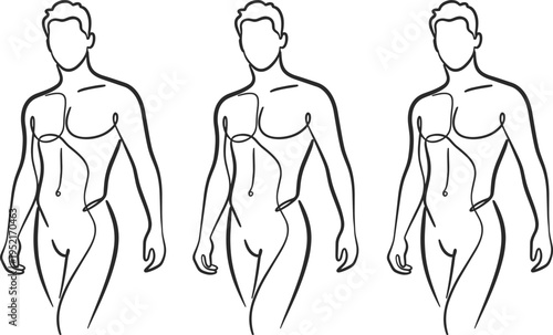 Vector illustration of a male body and fashion woman silhouette showing front and back anatomy for art and clothing design
